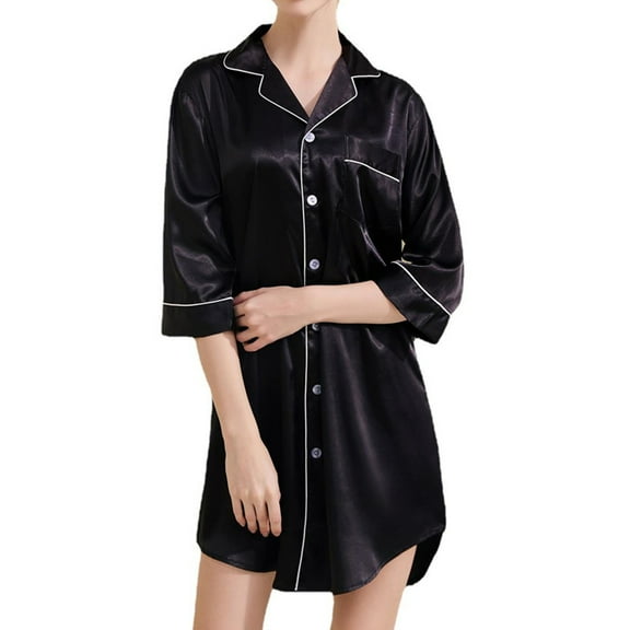 Women's Satin Sleep Shirt Button Down Sleepwear Lightweight Short Sleeping Dress Collared 3/4 Sleeve Nightshirt Silk Summer Loungewear Lounge Black Medium