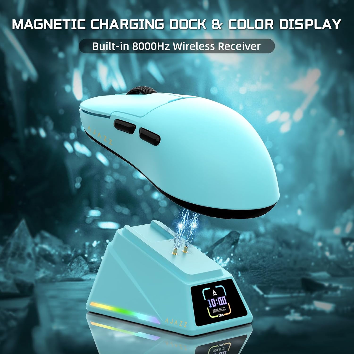 ATTACK SHARK x AJAZZ AJ159 APEX PAW3950 Triple Mode Gaming Mouse 8K with Magnetic Charging Dock with Color Display Bluetooth/2.4G Wireless/Wired-Blue