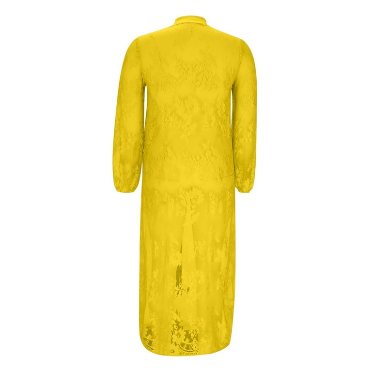 Olyvenn Fashion Women's Round Neck Lace Short Front and Long Back Casual Top  Dress Stretchy Knit T-Shirt Blouse See Through Lace Top Yellow M -  Walmart.com