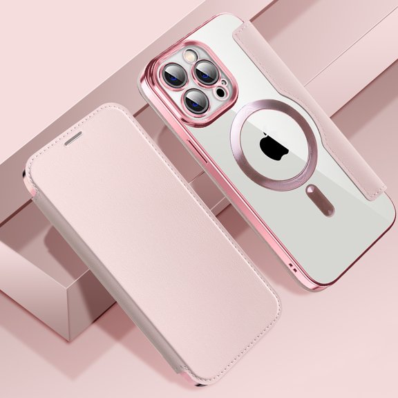 Case for iPhone 14 Pro Max,Compatible with MagSafe Charging,Wallet Cover with RFID Blocking Card Slots,Shockproof PU Leather Magnetic Closure Folio Plating Clear Phone Case,Pink