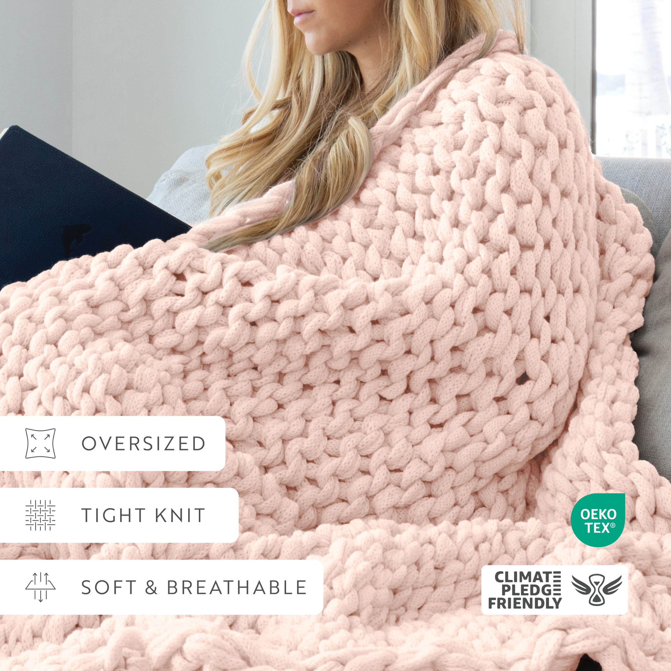Blush Chunky Knit Throw Blanket, One Size, by Noble Linens