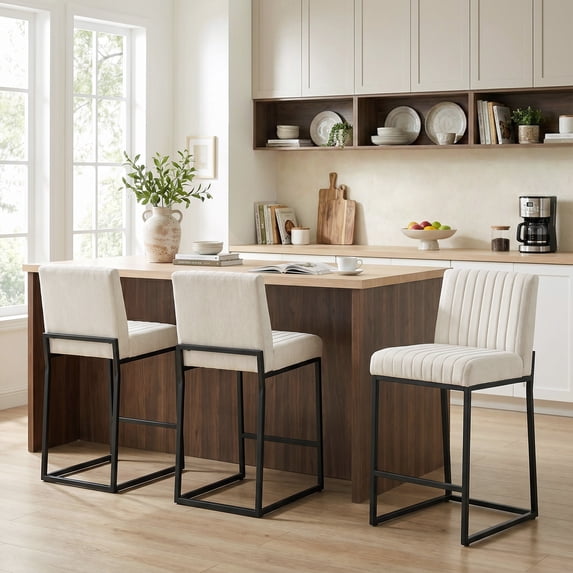 VKNOW Sets of 2 Bar Stools with Thickened Metal Frame, Mid Back 26 Inch Counter Height Upholstered Modern Bar Chairs for Kitchen Island,Beige