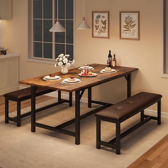 Juiluna Dining Table Set for 4-6, 3 Piece Large Extendable Kitchen Table Set for 6, Rectangle Kitchen Table Set with 2 Upholstered Benches for Apartment, Dining Room, Space Save, Retro Brown
