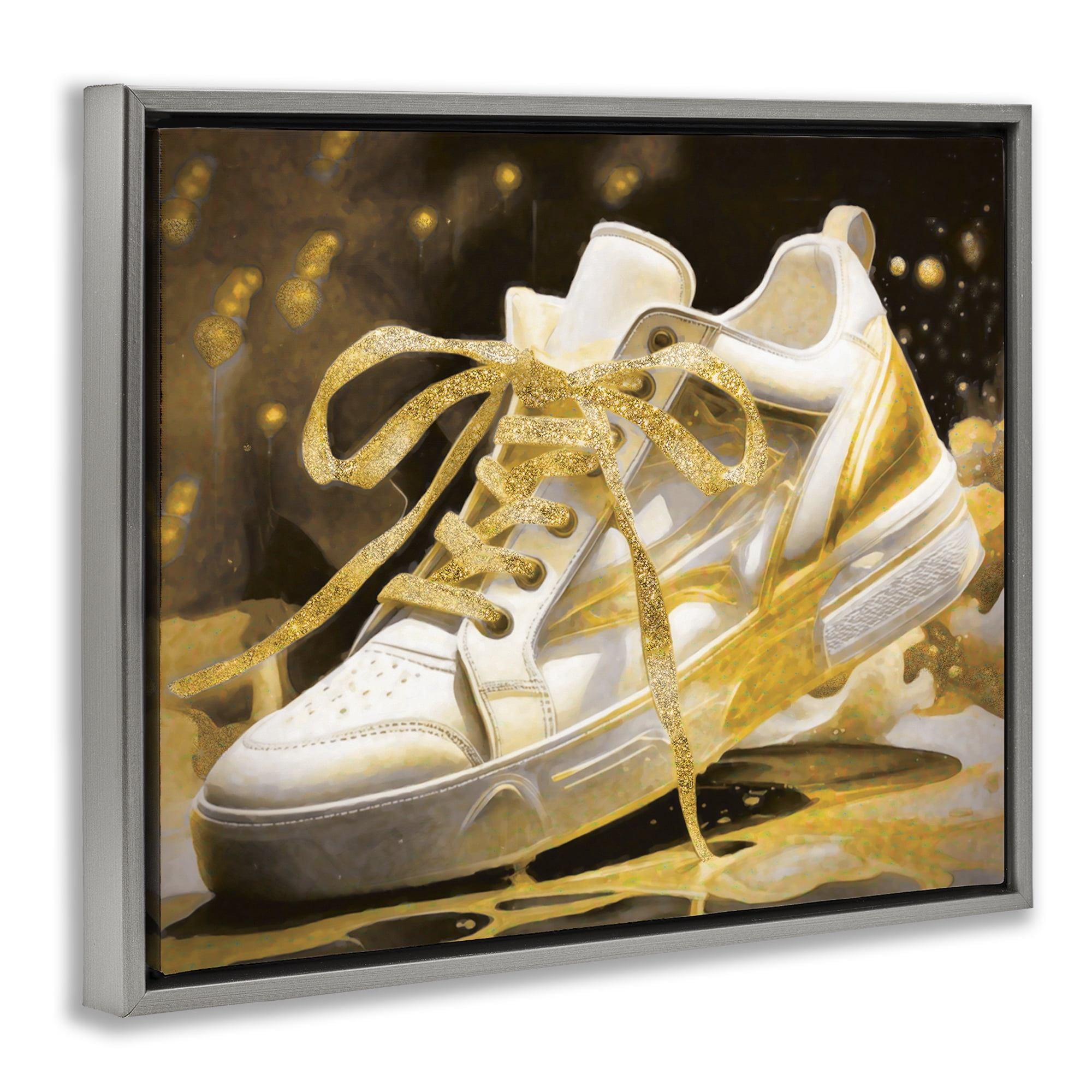 Stupell Industries Splashy Gold Sneaker Gray Framed Floater Canvas Wall Art, design by Grotto Studios