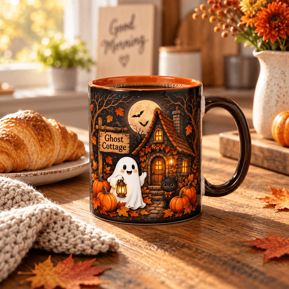 Coffee Mug Cute Ghost Cottage, Pumpkin, Black Cat and Autumn Leaves for Halloween Gifts