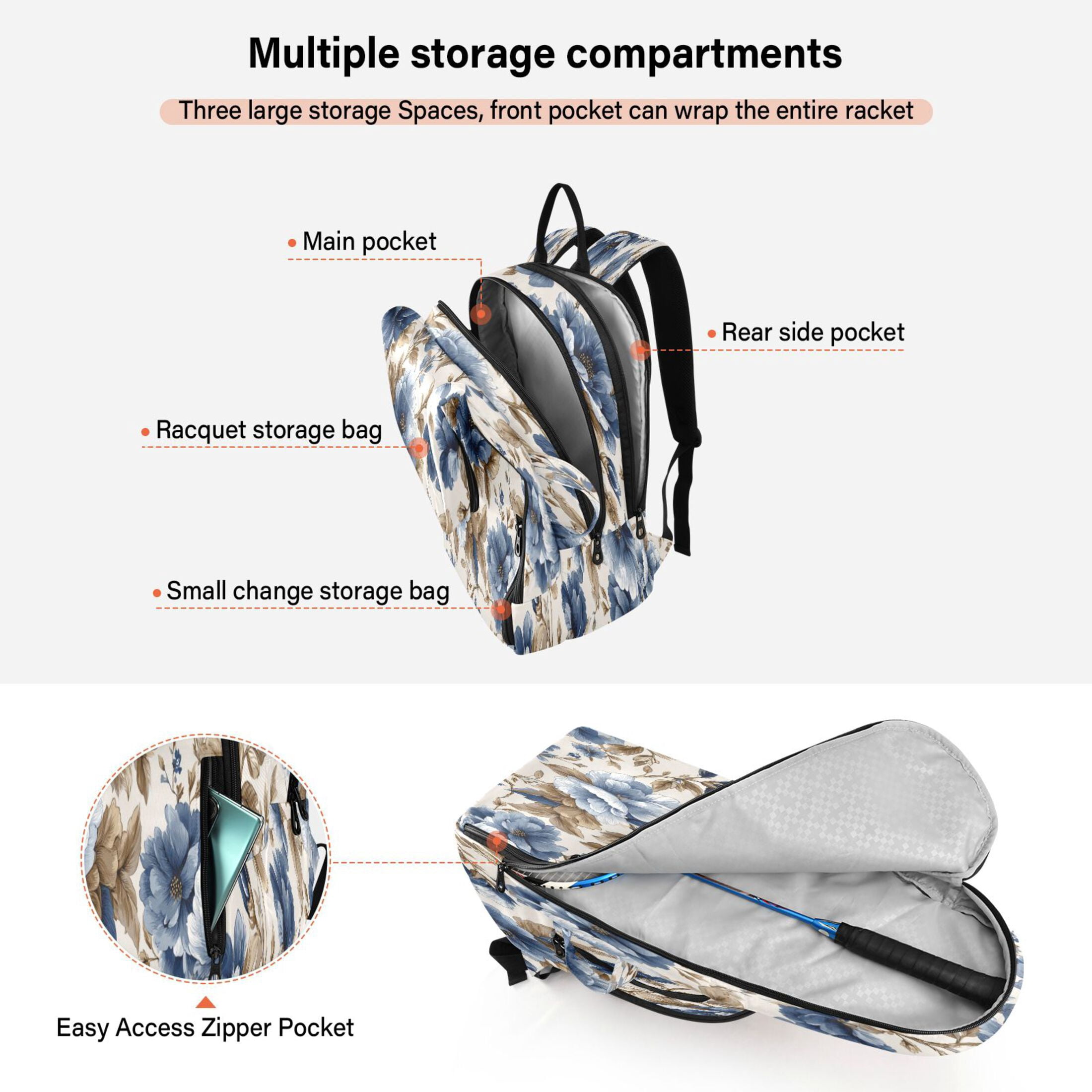 2 Racquet Holder Tennis Backpack Tennis Racket Covers Gym Bags Elegant Orchids