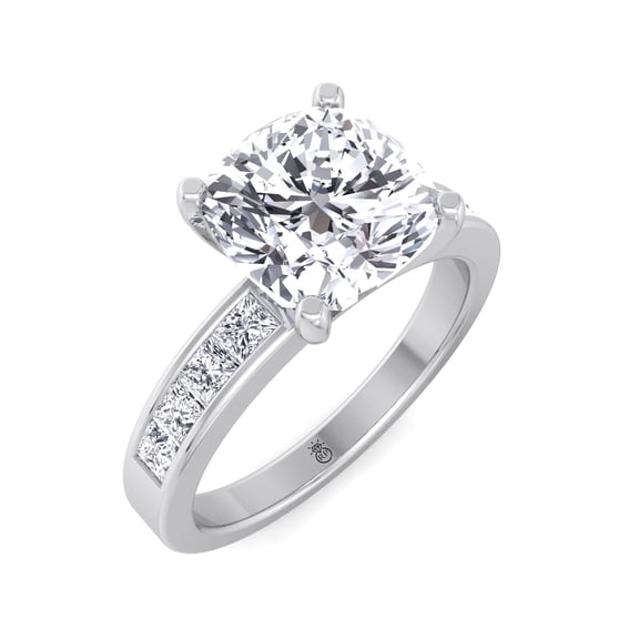 Denton - Moissanite Cushion Cut Lab Diamond Engagement Ring With Princess Cut Sidestones