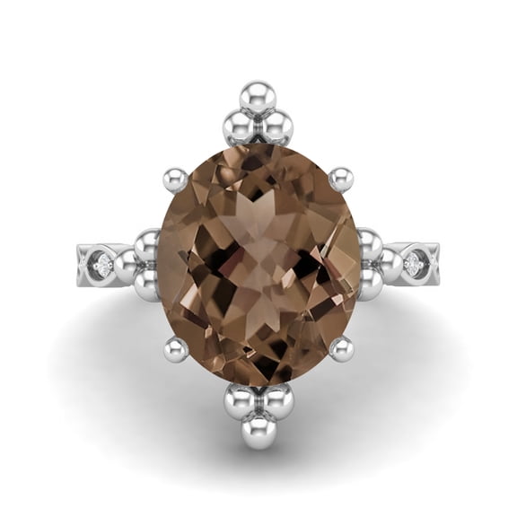 12X10mm Oval Smoky Quartz Solitaire 925 Sterling Silver Beaded Women Mother's Day Gift Ring