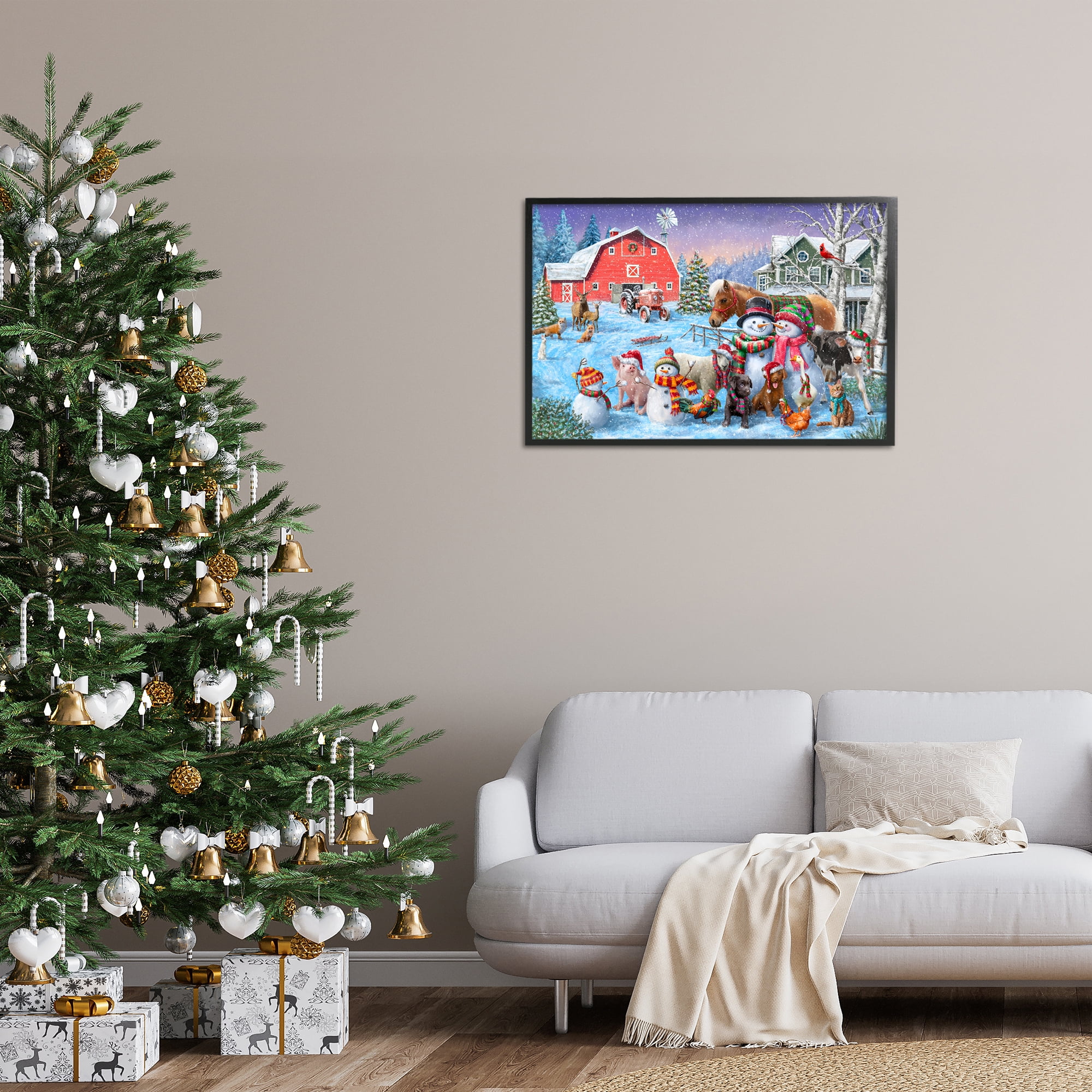 Stupell Industries Snowman & Dogs Family Holiday Painting Black Framed Art Prints Wall Art, 30 x 20