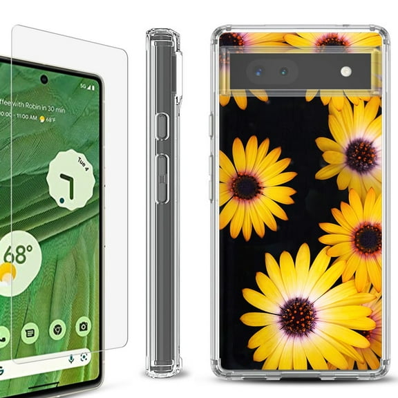 Shockproof Bumper Phone Case for Google Pixel 6a, with Tempered Glass Screen Protector, by OneToughShield ® - Yellow Flower