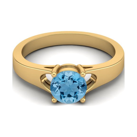 925 Sterling Silver Gold Vermeil 6mm Round Swiss Blue Topaz Solitaire Women Valentines Day Gifts Ring