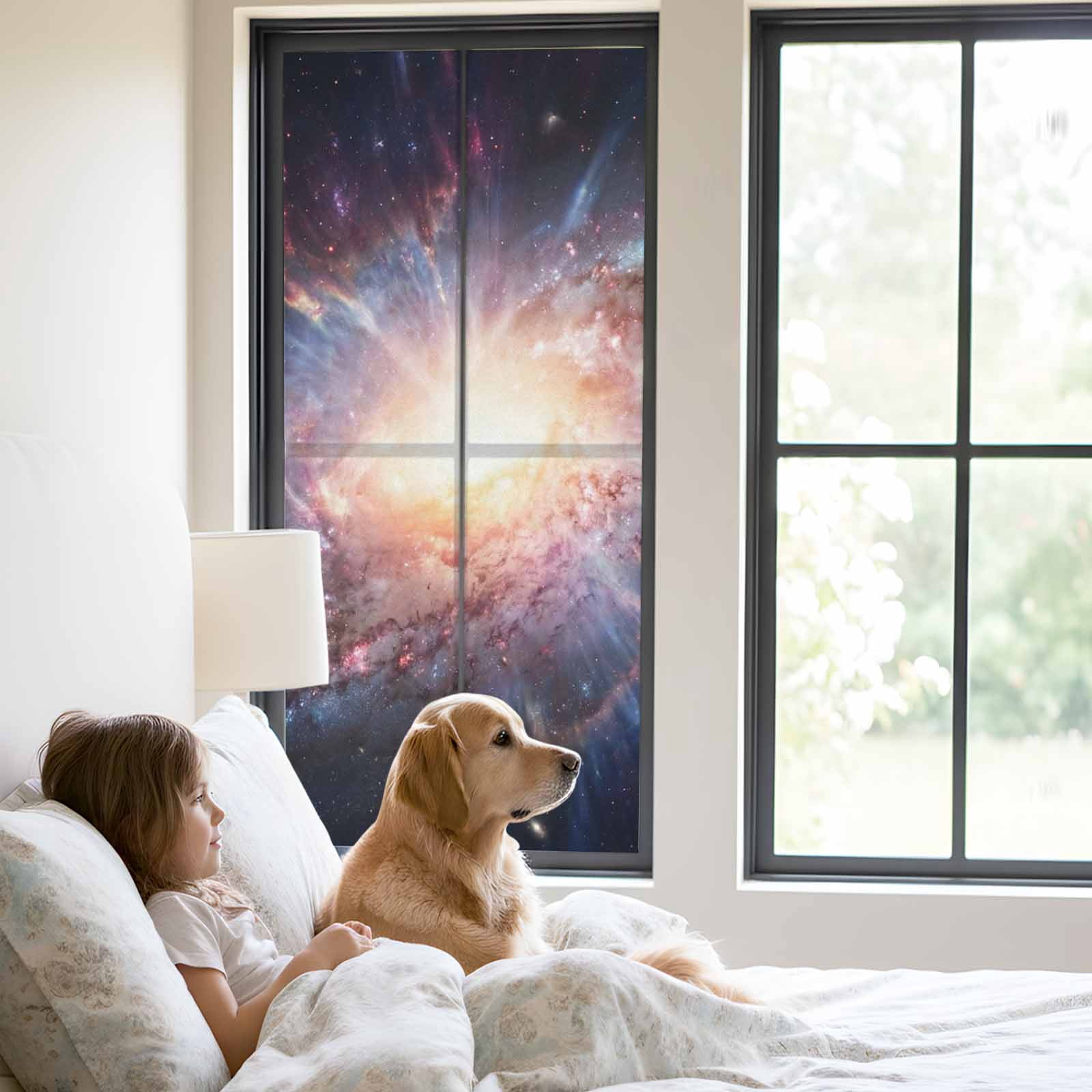 Universe Explosion Window Privacy Film, Modern Abstract Galaxy Universe Static Cling UV Sun Blocking Heat Control Window Tint Day and Night, Non-Adhesive One Way Windows Privacy Cover 23.6''x59''