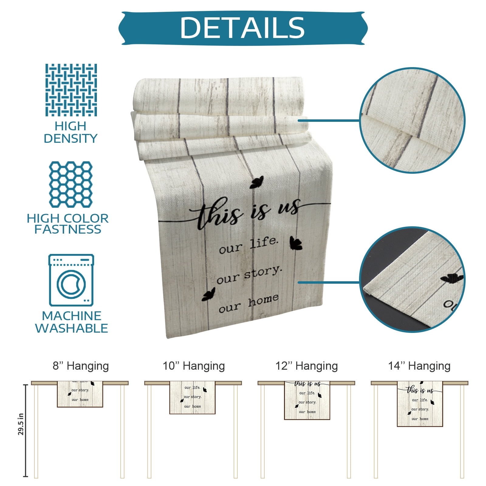 Table Runner Dresser Scarves 90 Inch Long, Vintage Farmhouse Wooden Board Linen Dining Table Runners This is Us Our life Our Story Our Home Tabletop Scarf for Wedding Holiday Party Kitchen