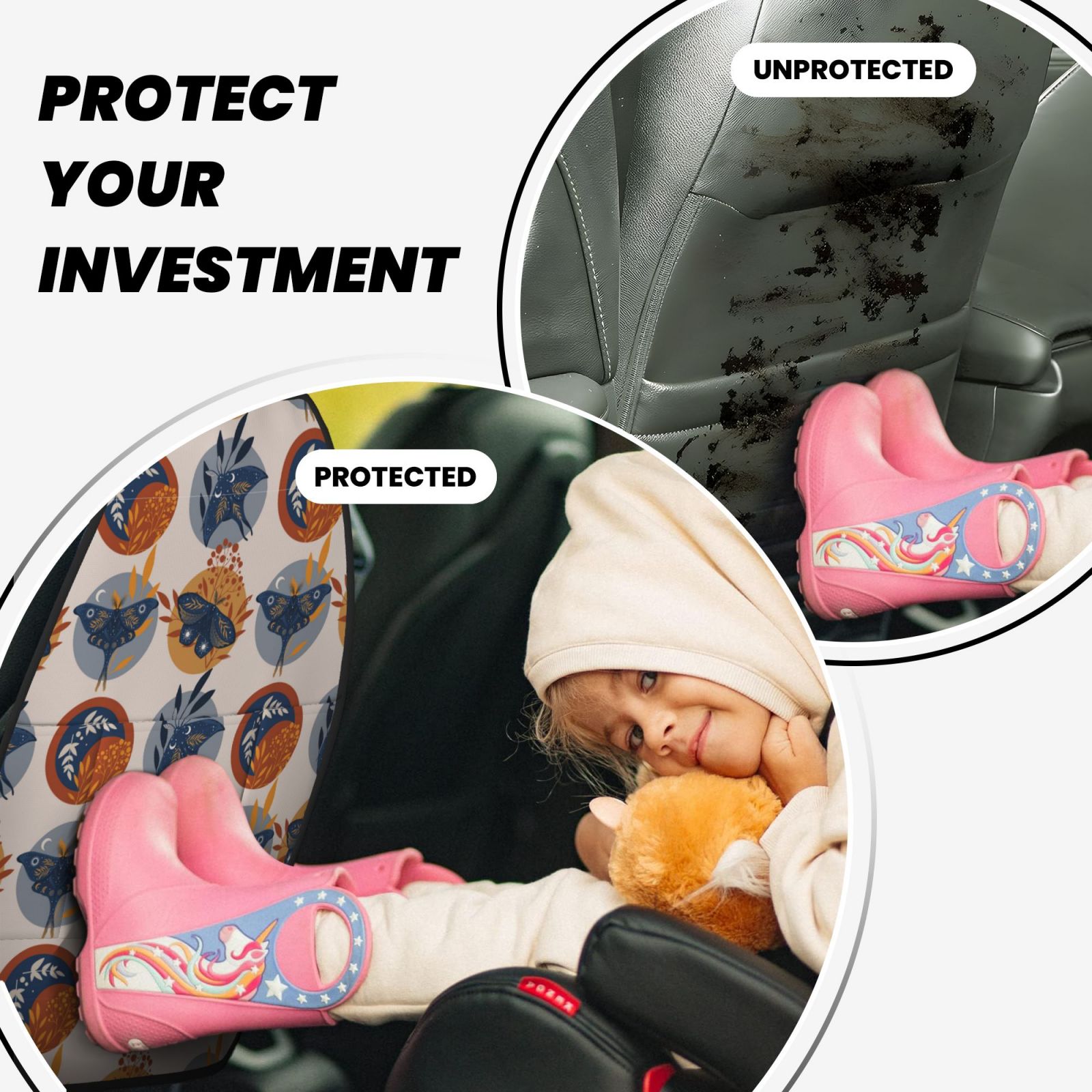 Kdxio Vintage Botanical Butterfly Art Print 2 Pack Car Kick Mat Seat Cover Back Protector Mat with Pockets for Organizer Backseat Protector and Storage Anti Kick Pad for Vehicles