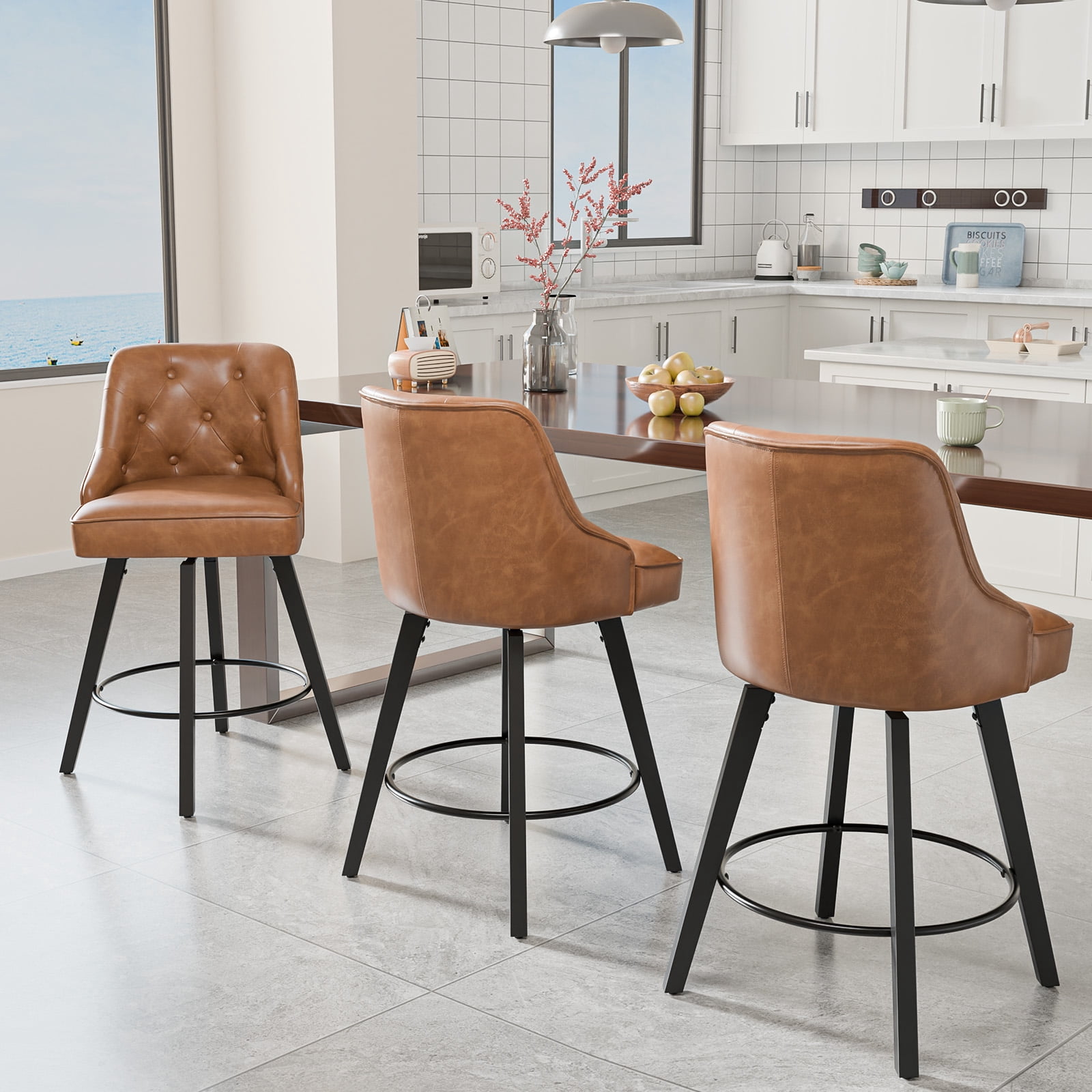 Zimtown Modern Swivel Barstools with Back, 26" Counter Height Bar Stools Kitchen Island Dining Chairs Set of 2, Coffee Brown
