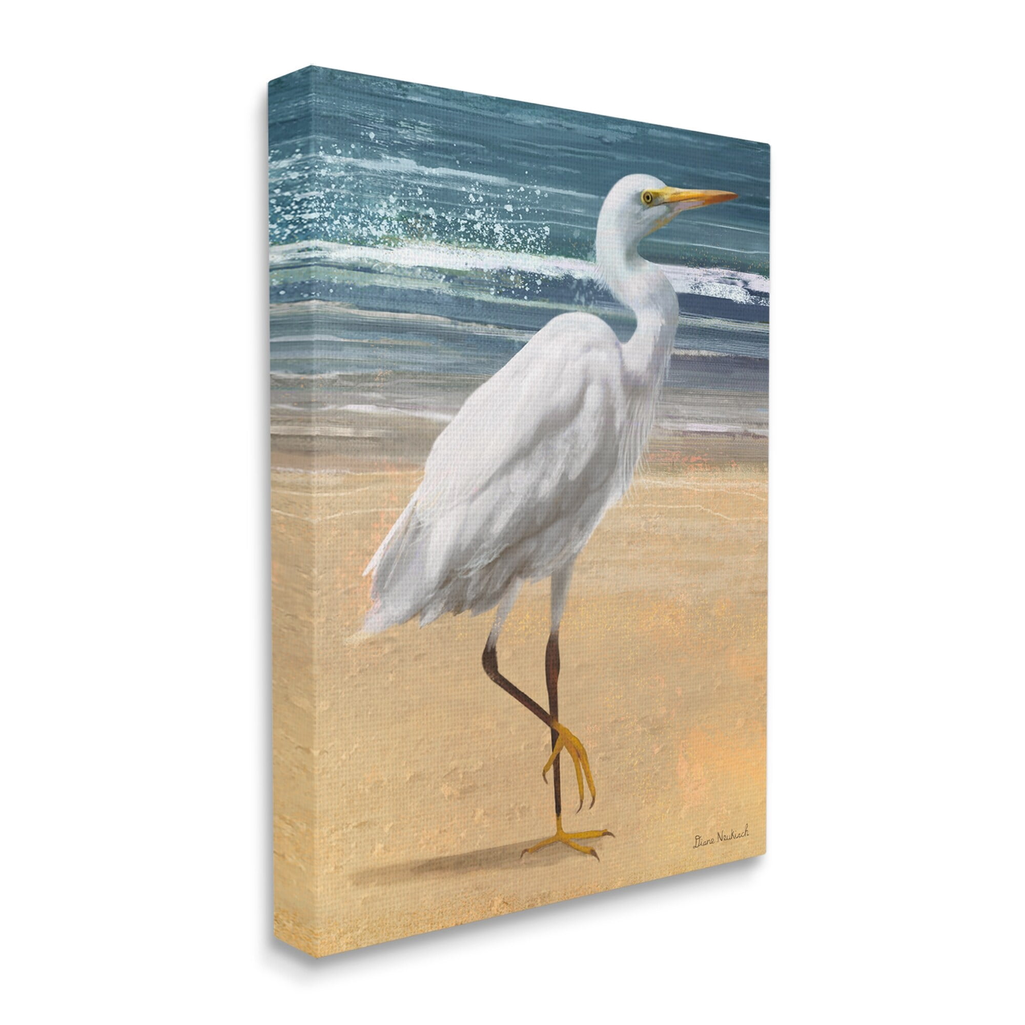 Stupell Industries White Heron Bird Standing Beach Shoreline Waves Painting Gallery Wrapped Canvas Print Wall Art, Design by Diane Neukirch