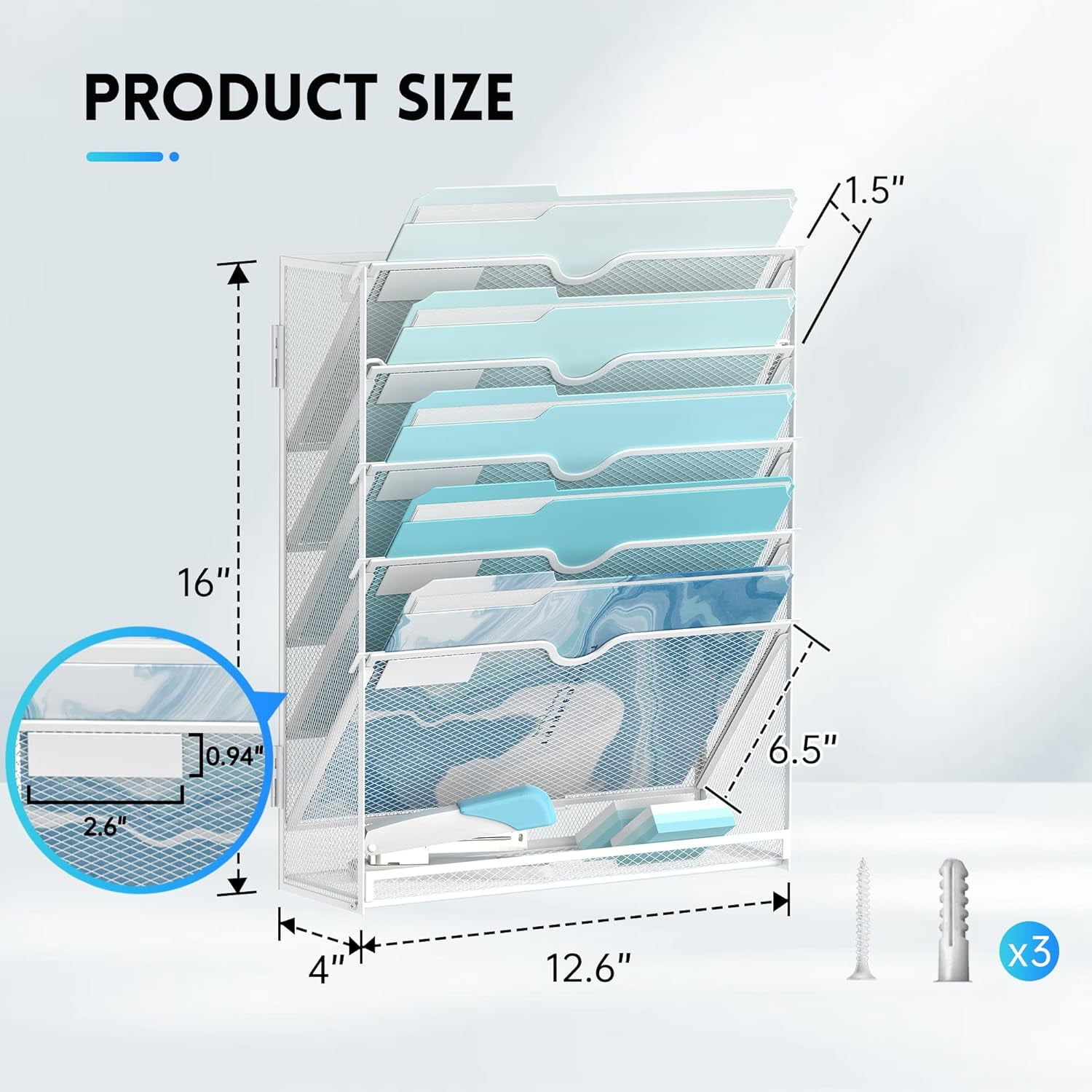 INTIGE 6-Tier Metal Wall File Organizer, Wall Mounted Paper Organizer, White, Assemble
