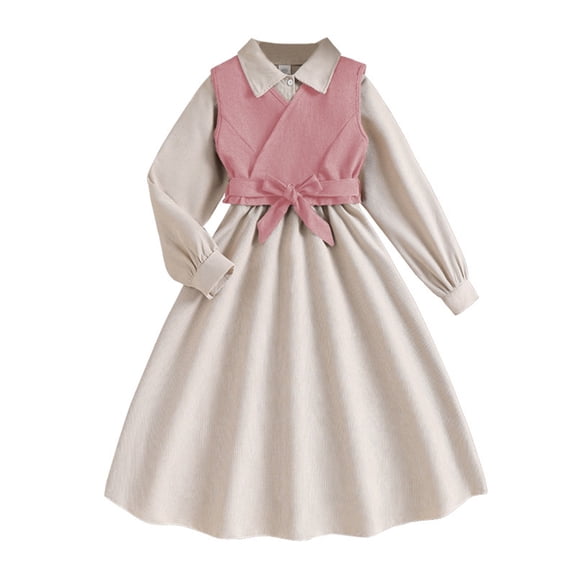 XEGLSBU Girls Dresses Size 12 to 14 Autumn Winter Girls Corduroy Dress with Detachable Vest and Sash Long Sleeve Outfit for Toddler and Kids Layered for Daily Wear Pink Size 8-9 Years