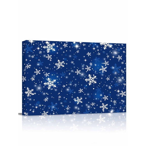 Navy Blue Christmas Snowflakes Canvas Print Wall Art Framed Canvas Art Wall Decor Winter Snowfall Shiny White Pictures Painting Morden Artwork for Living Room Bedroom, Ready to Hang - 12"x16"