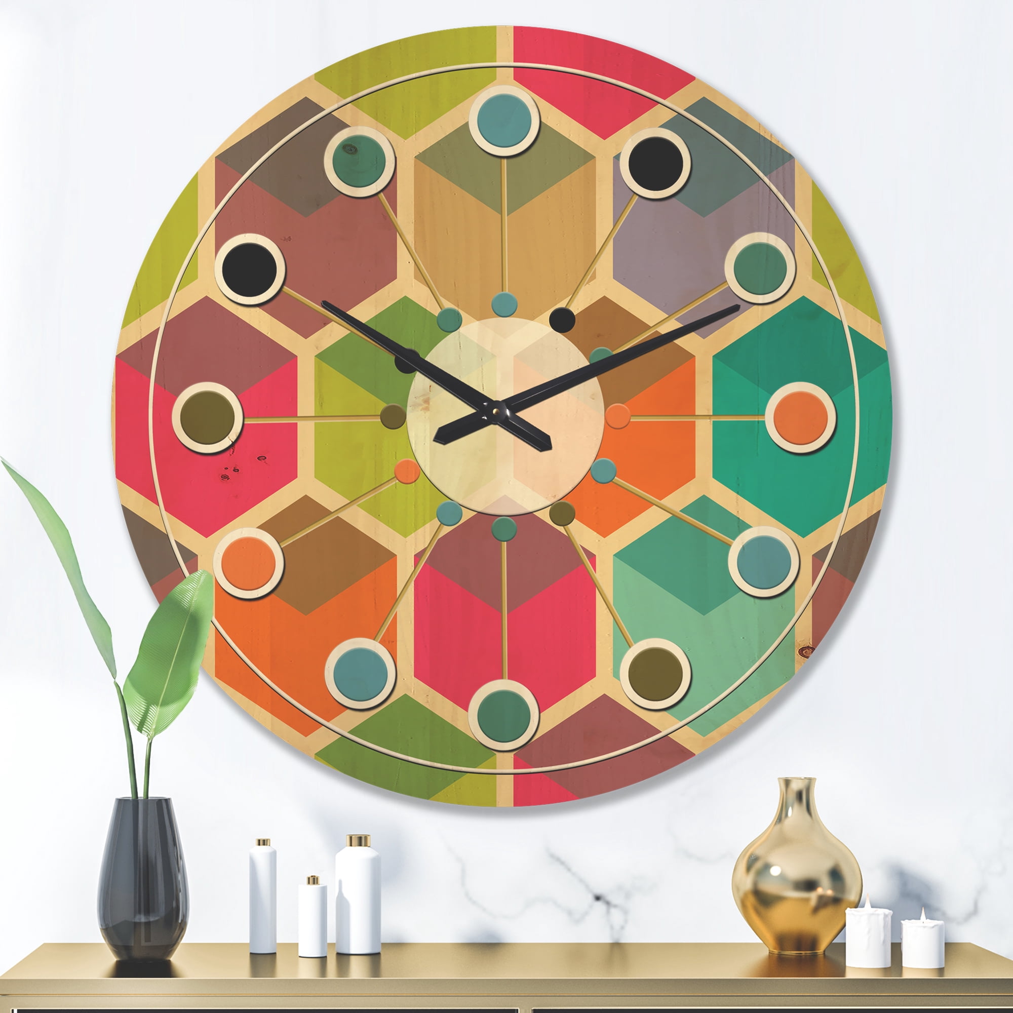 Designart 'Hexagon Retro Pattern I' Mid-Century Modern Wood Wall Clock