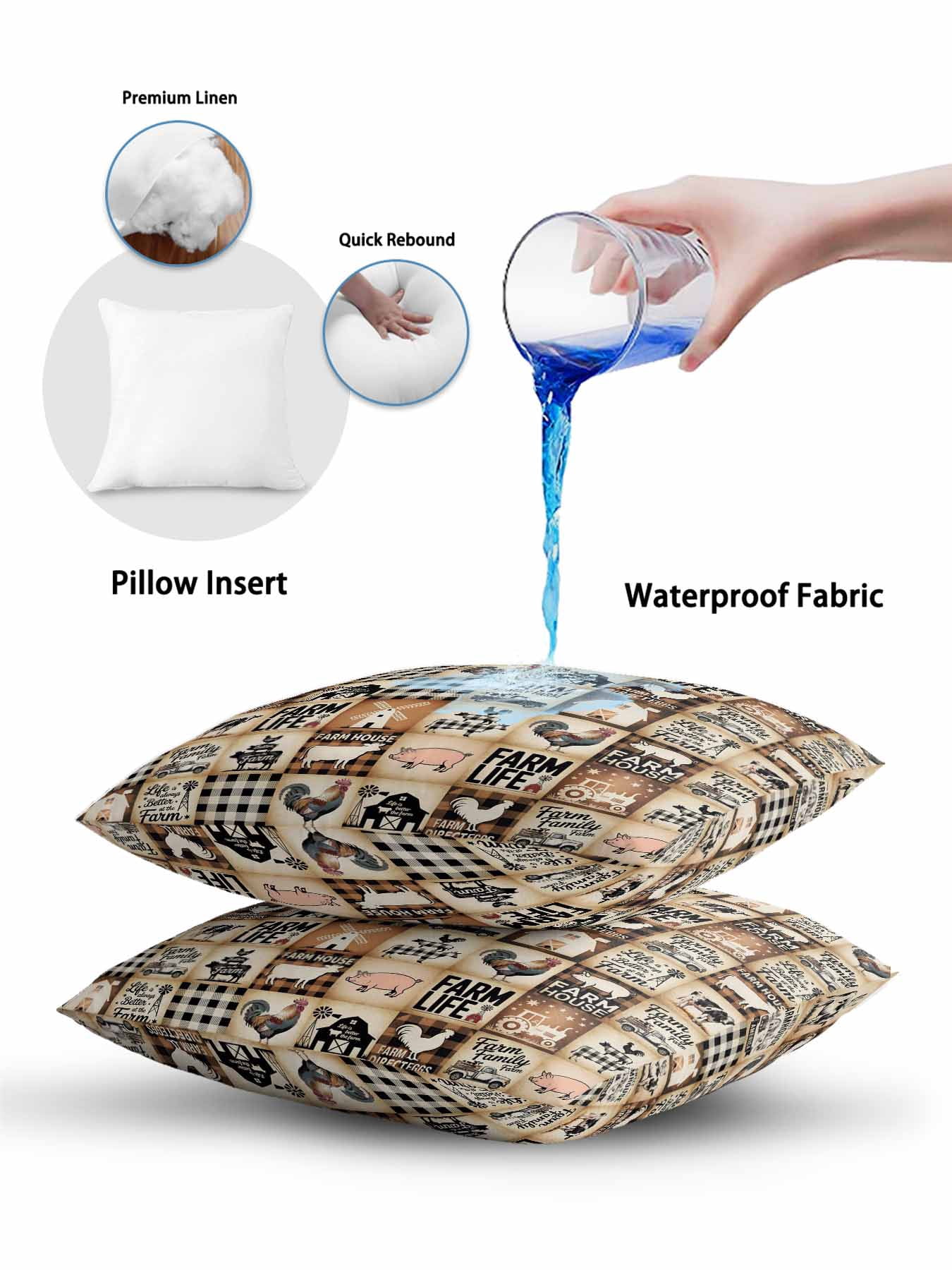 Outdoor Pillows Waterproof, Farmhouse Checkered Bedding Throw Pillows with Insert for Couch Sofa Bed, Rustic Retro Farm Life Assembling 18x18 Inch Pillowcases Decorative Patio Pillow Set of 2