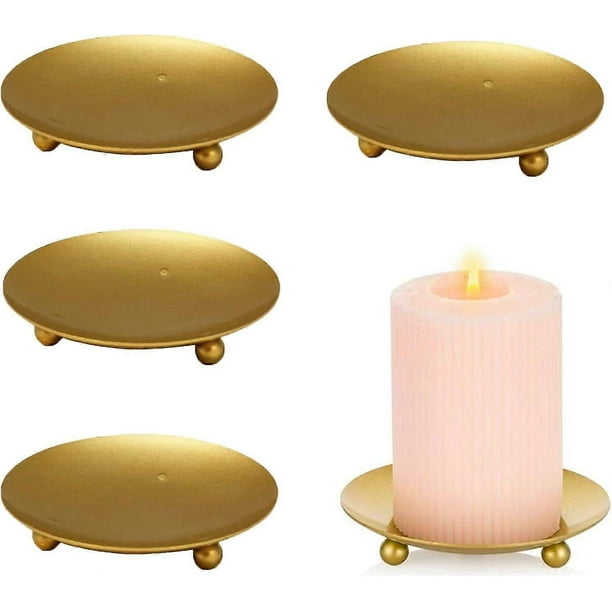 4 Pieces 10cm Diameter Candle Holder Metal Plate Candlestick Holders Pillars Pillar Candle Holder Decoration Gold Candle Holder for Gardens, Spa, Arom