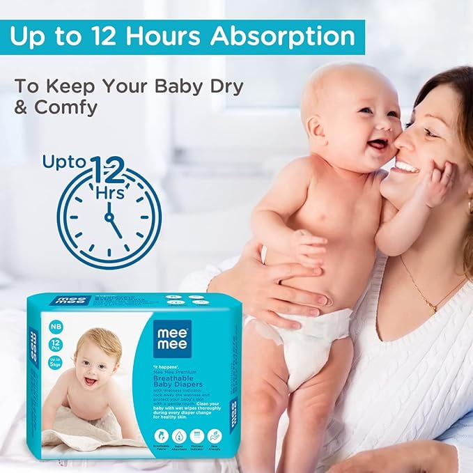 Mee Mee Premium Breathable (NB) Baby Taped Diapers Extra Small 12 Pcs (Pack of 3)
