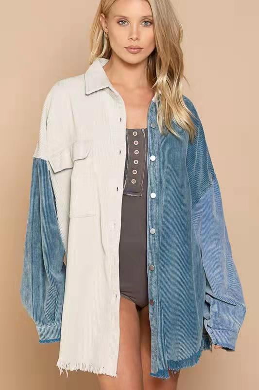 POL Oversized Raw Hem Spliced Corduroy 