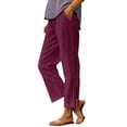 thumbnail image 6 of Linen Pants Women Summer Side-Buttoned Closure Joggers Side Slit Pants Straight Leg Elastic Waist Trousers With Pockets Capris Trousers Loose Fit Solid Color Capris Pants Beach Slacks Ankle Pants, 6 of 6