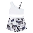 thumbnail image 3 of YONGHS Kids Girls Shoulder Straps Athletic Crop Top with Rave Shorts Gymnastics Tracksuit Sportswear Black Geometry 6, 3 of 8