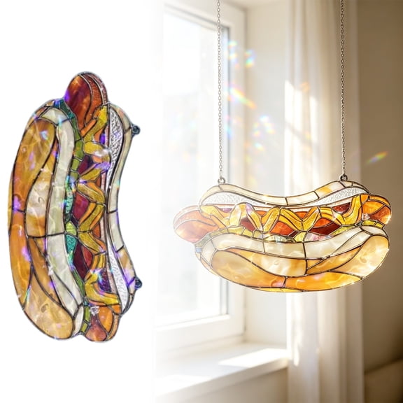Hot Dog Shaped Acrylic Suncatcher, Stained Glass Style Window Hanging Ornament, Food Themed Light Transmitting Home Wall Decor Pendant