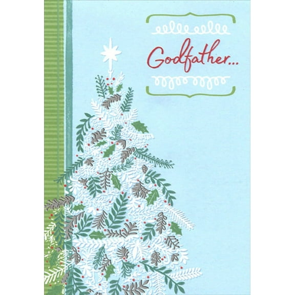 Designer Greetings White Evergreen Tree with Silver Foil Branches on Light Blue Godfather Christmas Card