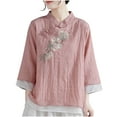 thumbnail image 3 of Dazajoo Vintage Chinese Style Tops for Women Frog Button Blouses Summer Casual 3/4 Cotton Linen Shirts,Pink,XXL, 3 of 5