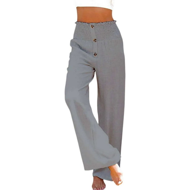 Pantalones palazzo de lino de cintura alta y pierna ancha para mujer, con cordón y bolsillos