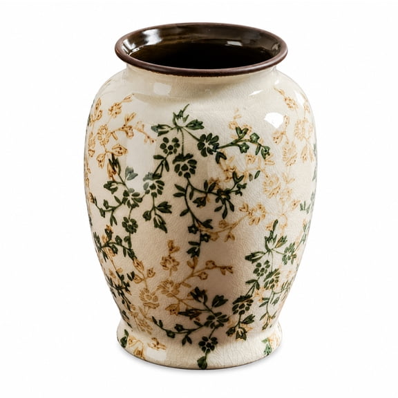 Kitchen Utensil Holder Ceramic,Large 7.8in Utensil Pot for Countertop,Aesthetic Green and Brown Floral Utensils Holder for Kitchen Decor.