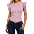 thumbnail image 3 of ClodeEU Women's Crew Neck Ruffle Cap Sleeve T-Shirt,Fitted Ribbed Knit Basic Slim Top Pink,Women's Plus XL, 3 of 7