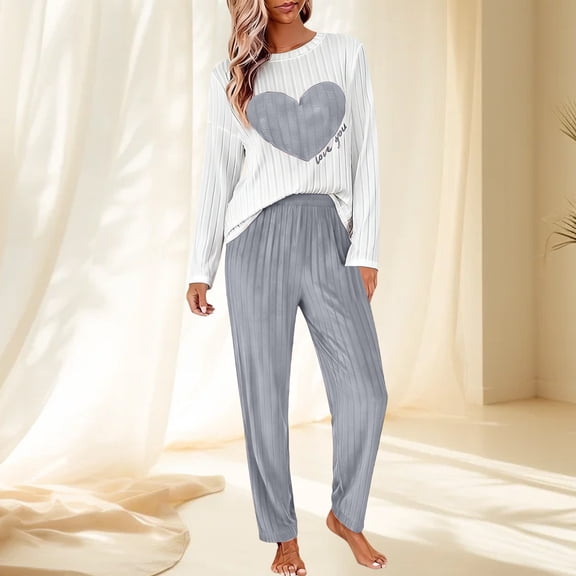 Womens Pajamas Fall Winter Pajamas Set Top and Pants 2 Piece Pajama Crew Neck Long Sleeve Loungewear Front Heart Print