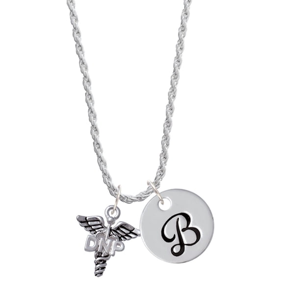 Delight Jewelry Silvertone Caduceus - DNP Silvertone Script Initial Disc - B - Charm Necklace, 20"+3"