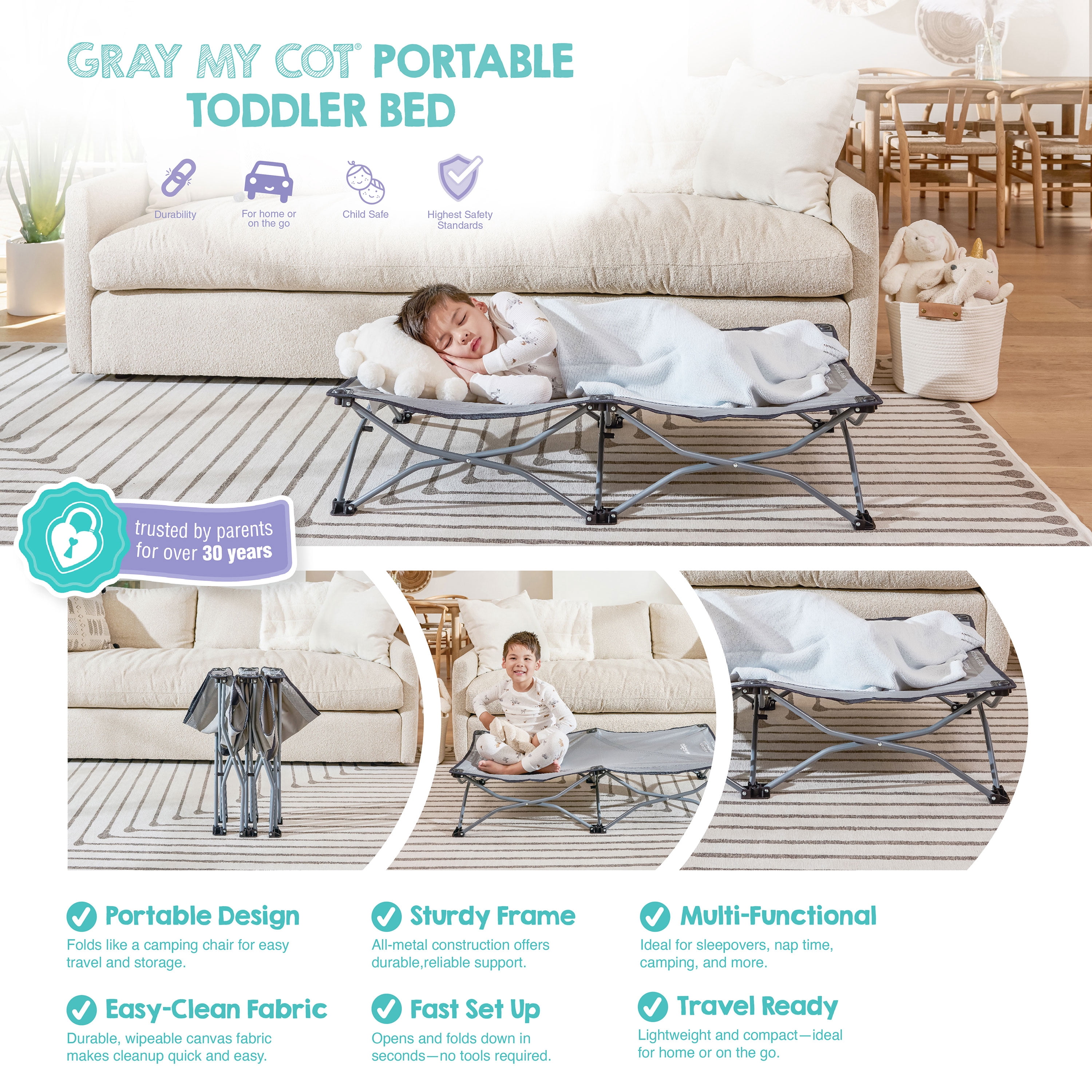 Regalo My Cot Portable Toddler Bed, Lightweight Travel Bed for Kids, Gray