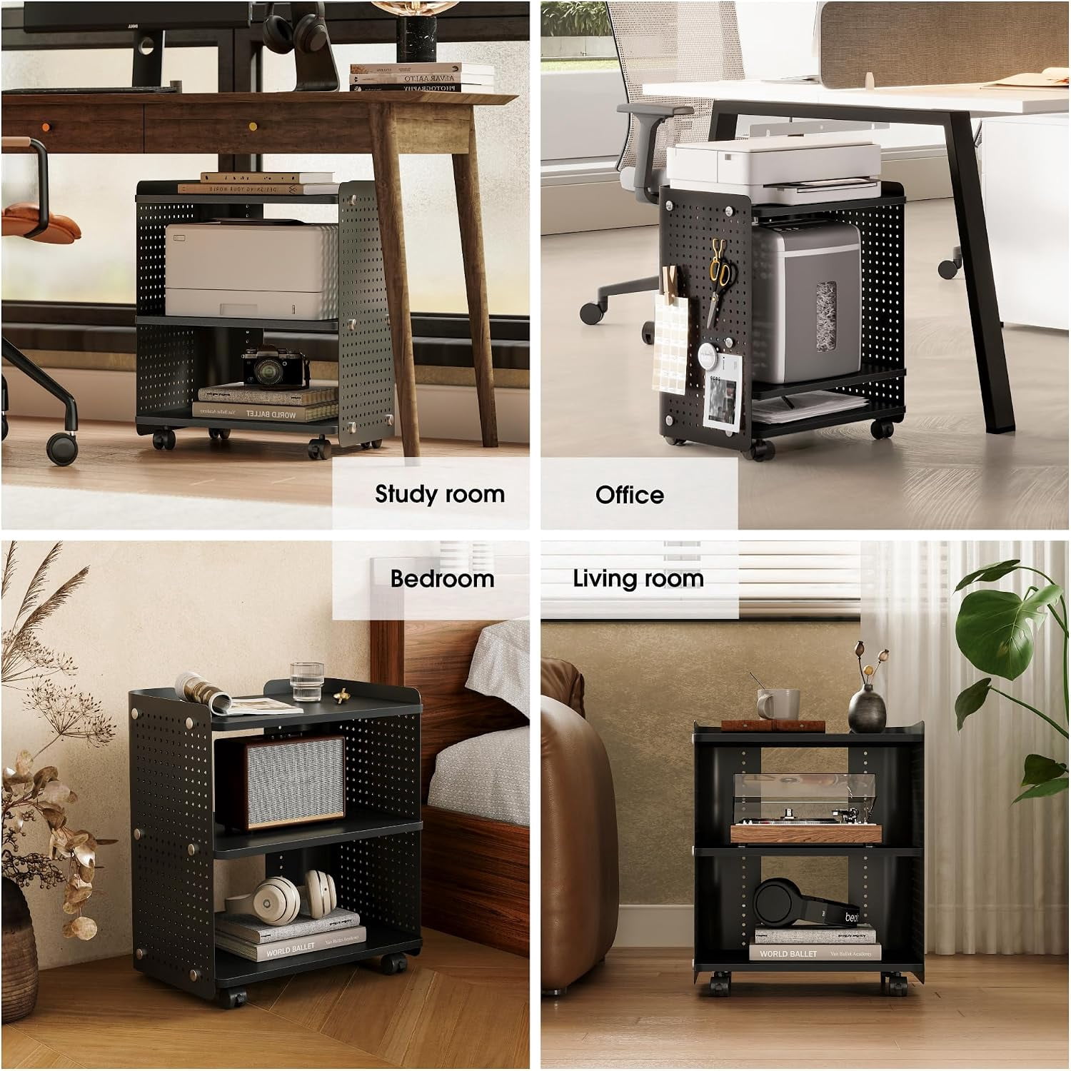 Fenge 3-Tier Rolling Printer Stand with Pegboard Storage, Black, 17.8 x 13.2 x 21.8 in