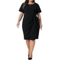 thumbnail image 2 of Agnes Orinda Women's Plus Size Pencil Dress Belted Tie Vintage Crew Neck Short Sleeve Office Work Midi Bodycon Dresses with Zipper 1X Black, 2 of 6