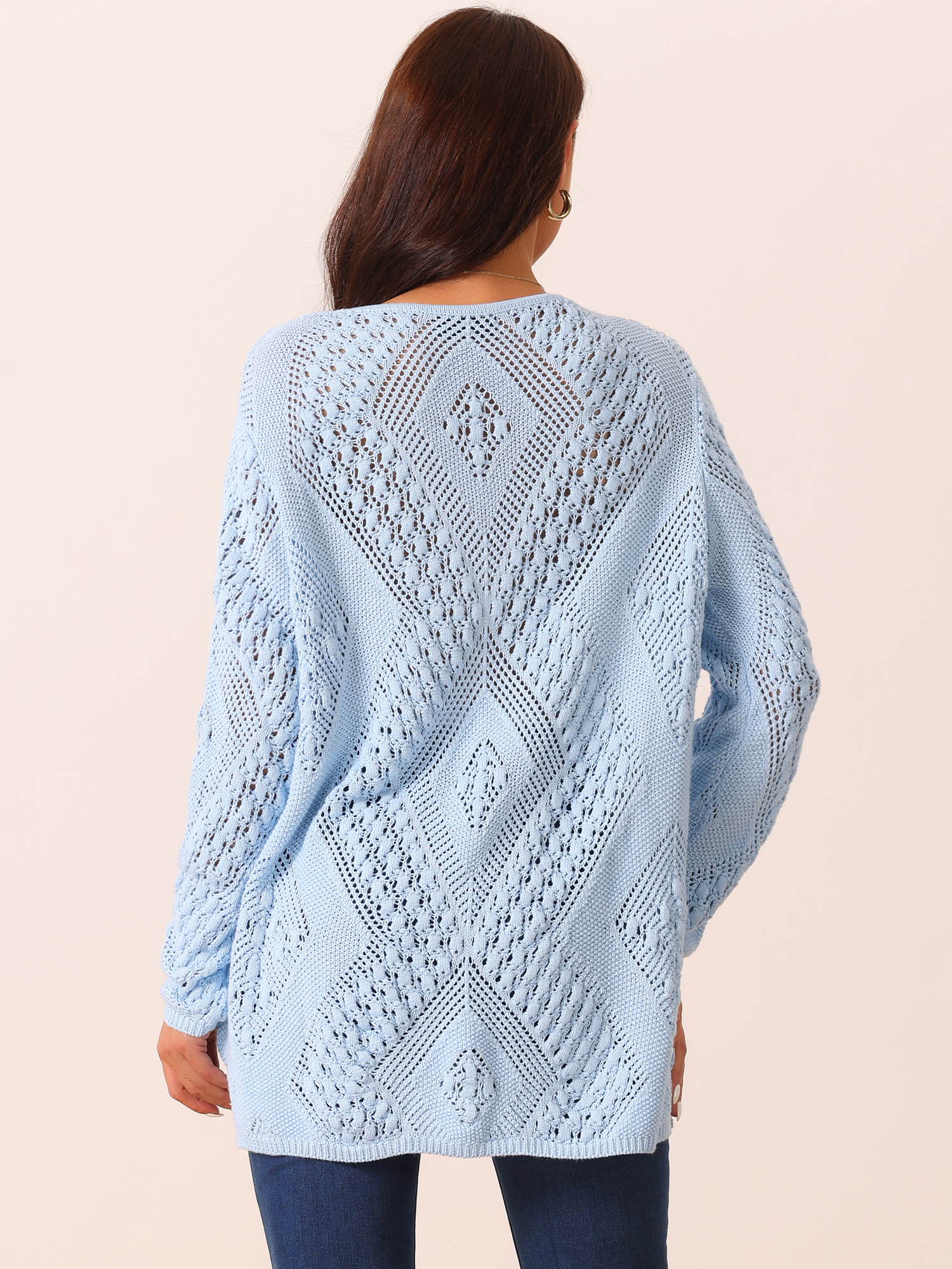 DARING DIVA Hollow Cable Knit Loose Casual Pullover Sweaters L Blue