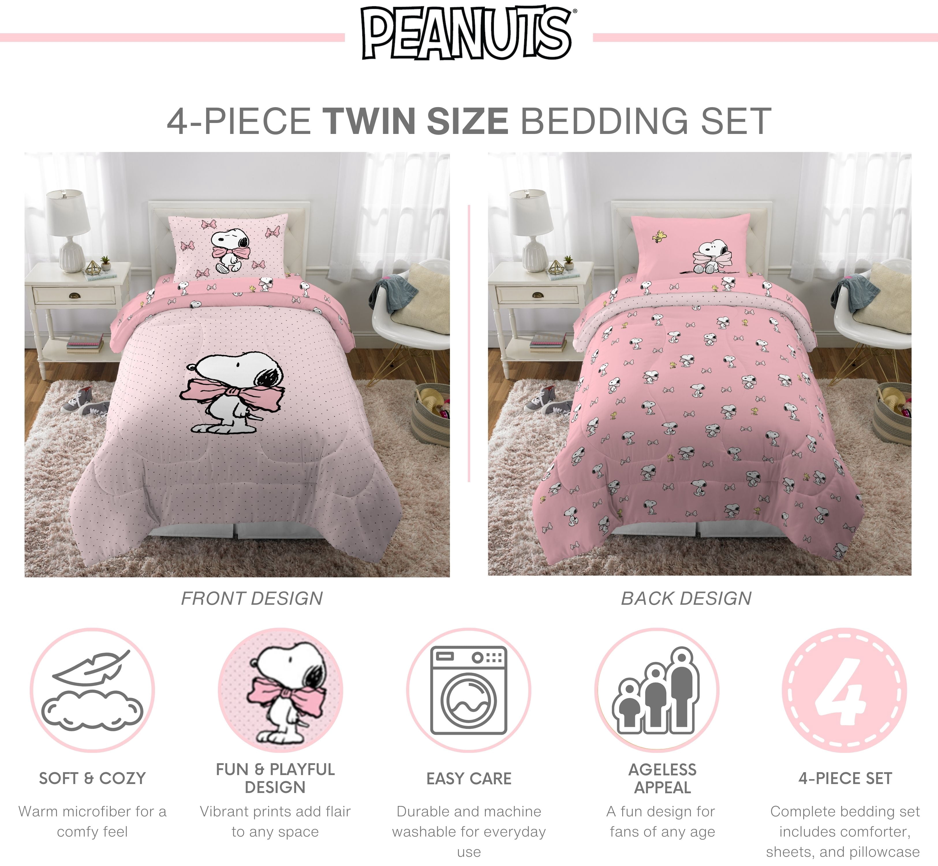 Peanuts Snoopy 4 Piece Pink Coquette Reversible Comforter