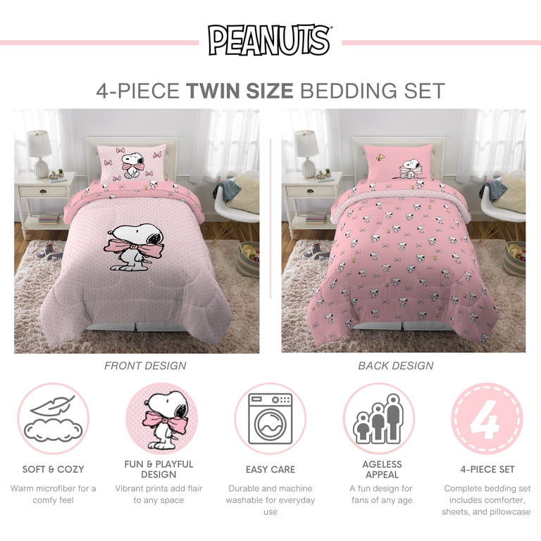 Peanuts Snoopy 4 Piece Pink Coquette Reversible Comforter