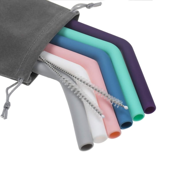 Reusable Silicone Drinking Straws Set of 6 for 30oz 20oz Cups, Extra Long BPA Free Straws with Cleaning Brushes, Bent Design 8mm Diameter, Multicolor