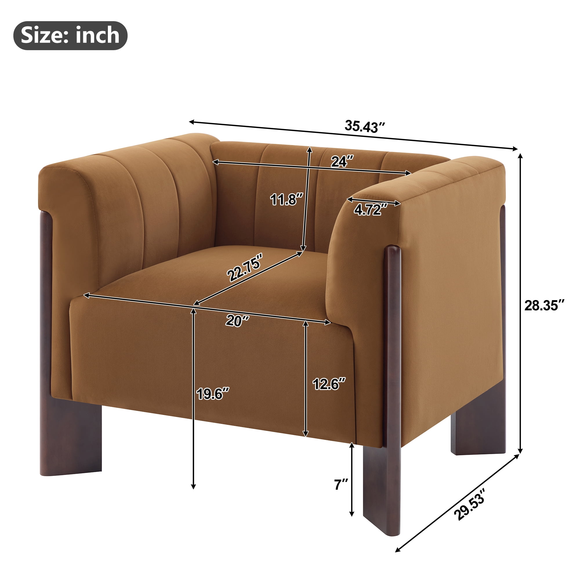 Leumius Modern Accent Chair, Velvet Single Sofa Chair with Tight Back, Round Arms, Vertical Channel Tufted Back and Walnut Rubber Wood Legs for Living Room, Bedroom or Reading Corner, Brown
