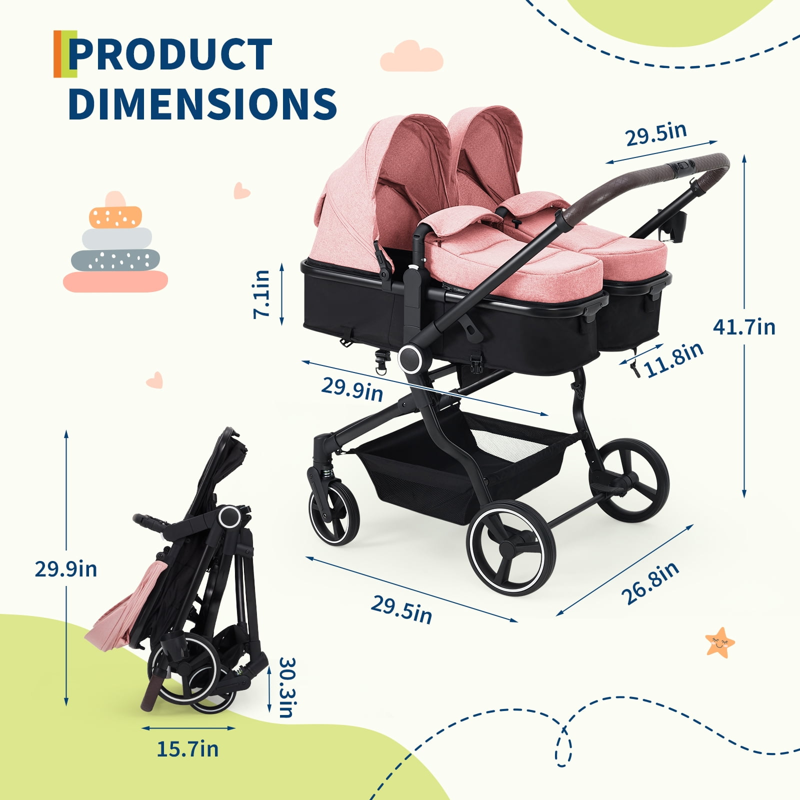 Roromall Side by Side Double Stroller for Twins, Adjustable Compact Folding Baby Travel Stroller with High Landscape Seat, Lightweight Canopy & Recline for Infant and Toddler