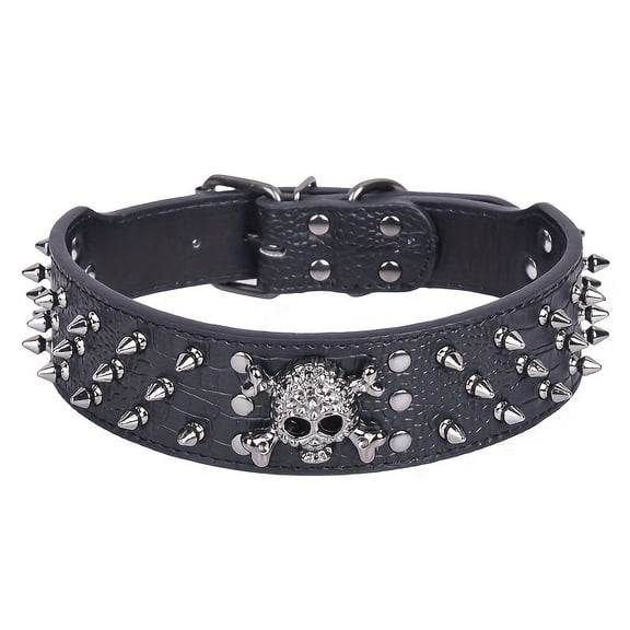 Leather Dog Collar with Skull Studs, Anti-Bite Rivet Collar for Medium Large Dogs, Punk Style Adjustable Pet Necklace with Metal Spikes, Heavy Duty PU Leather