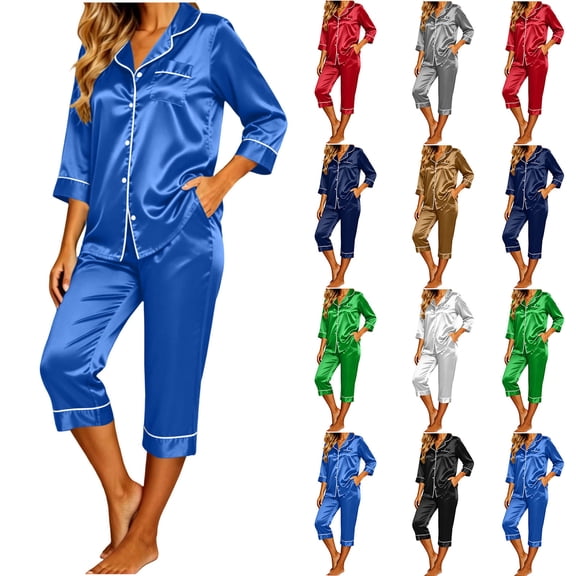 AKOEE Satin Capri Pajamas for Women 2 Piece Sets Soft 3/4 Sleeve Button Up Shirt Capris Pant Lounge Sleepwear (M, Blue)