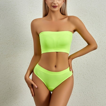 TUWABEII Women s No-steel Ring Gathering No-marking Breathable Tube Top Underwear Briefs Suit Wireless Lift T-Shirt Bra